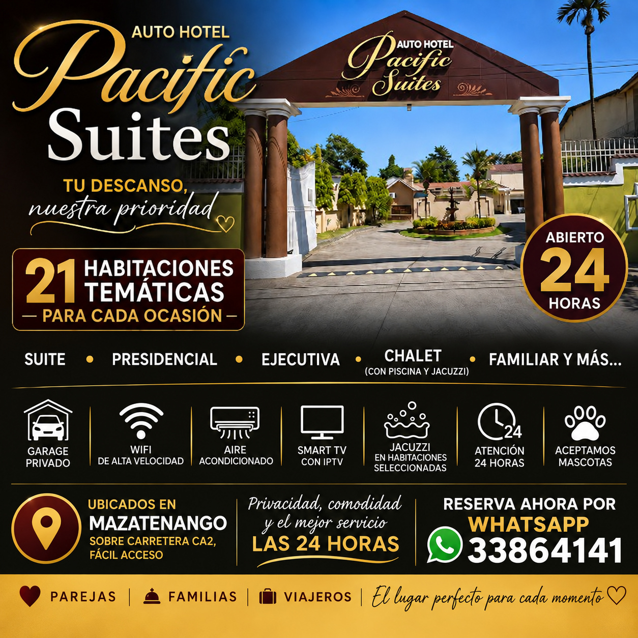 Promoción de Pacific Suites Autohotel: 21 habitaciones temáticas, suite, presidencial, ejecutiva, chalet con piscina y jacuzzi, familiar y WhatsApp 3386 4141